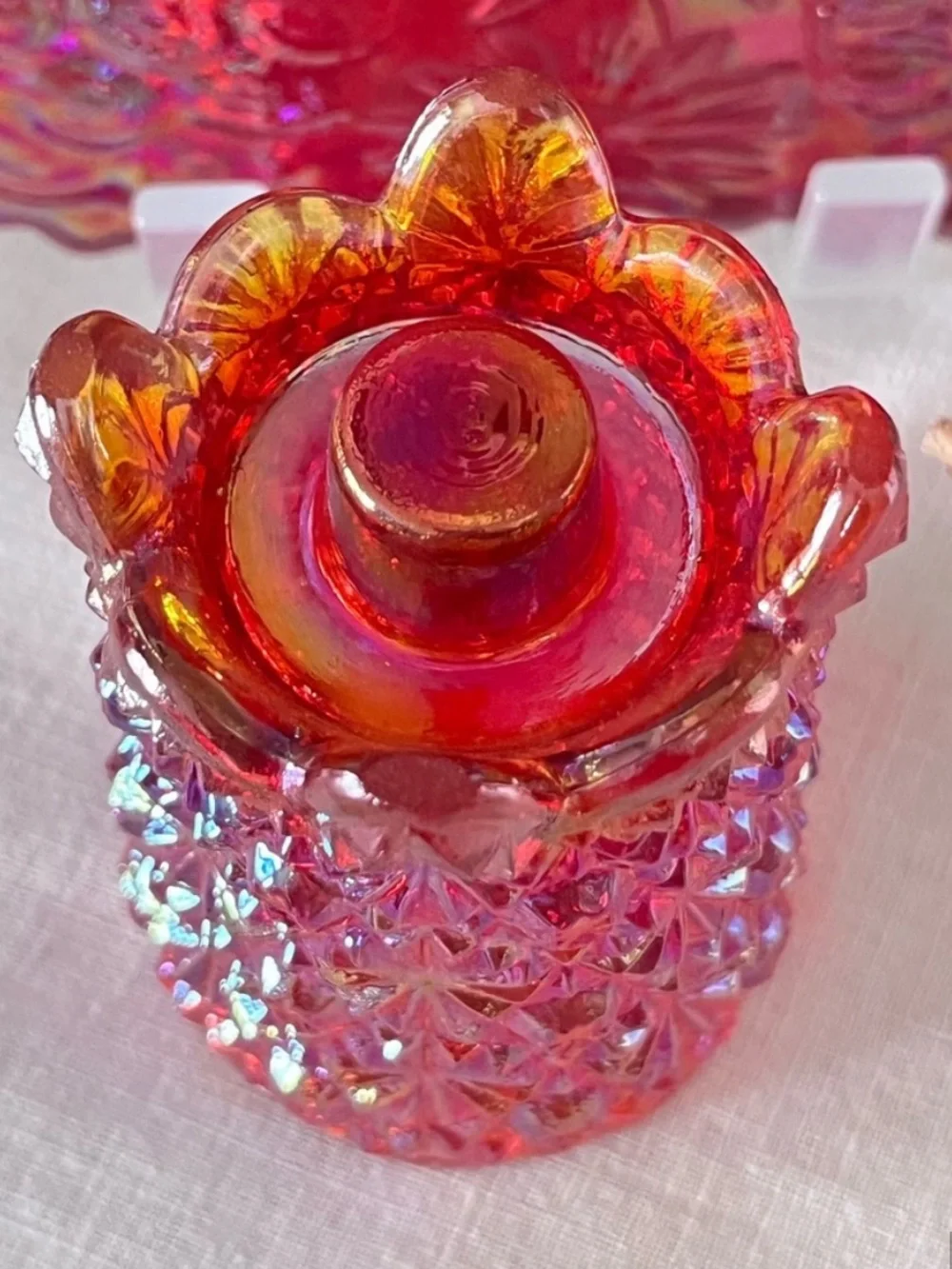 Vintage Ruby Red Carnival Glass Toothpick Holder Daisy & Button Footed